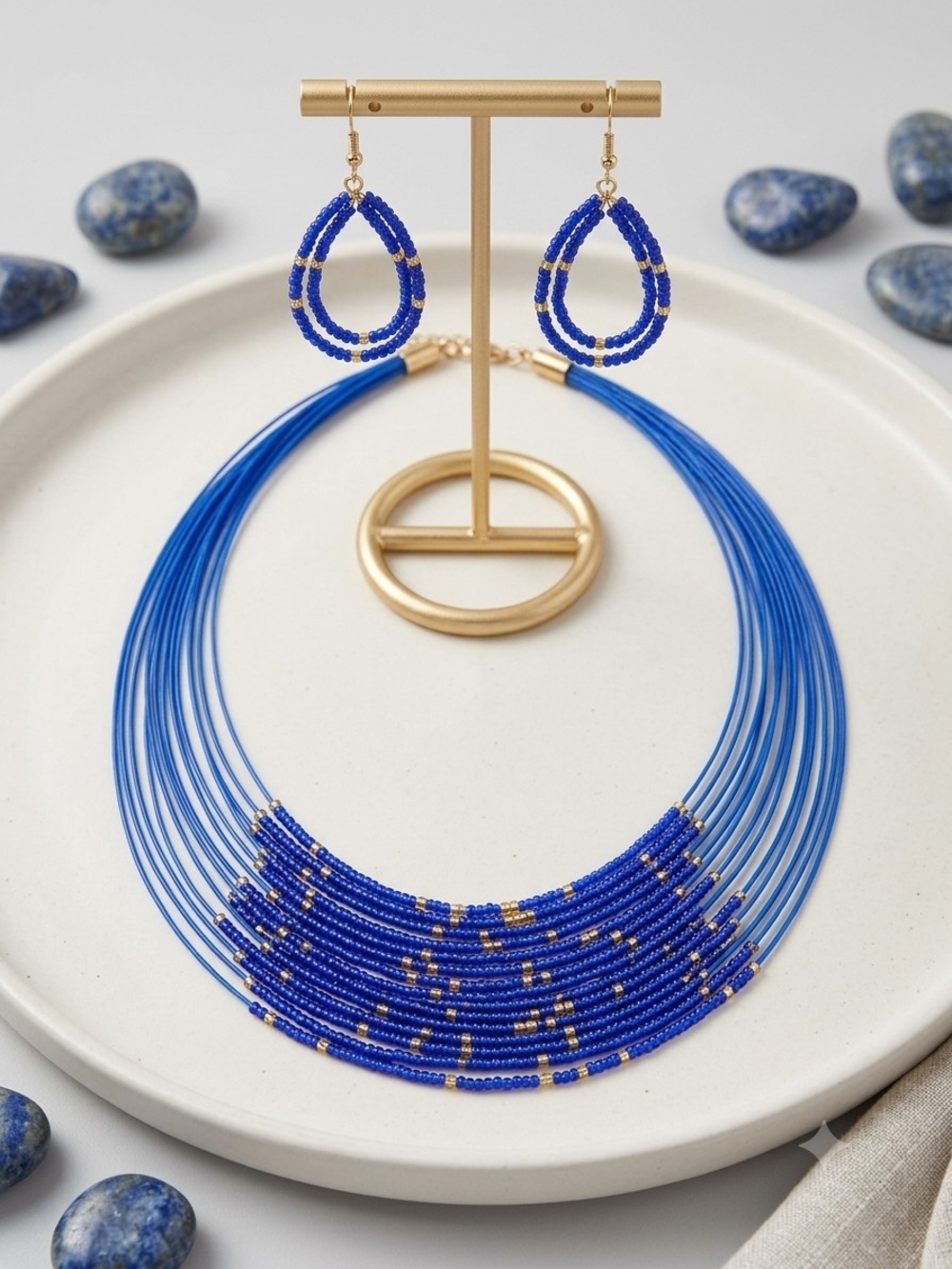 Royal Blue Beaded Necklace & Teardrop Earrings Set